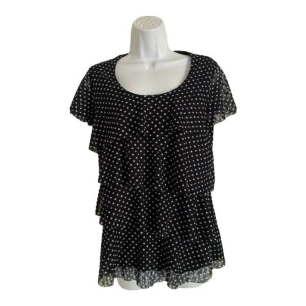 Jennie & Marlis Women Top Small Blue/White Polka Dot Short Sleeve Tiered Blouse